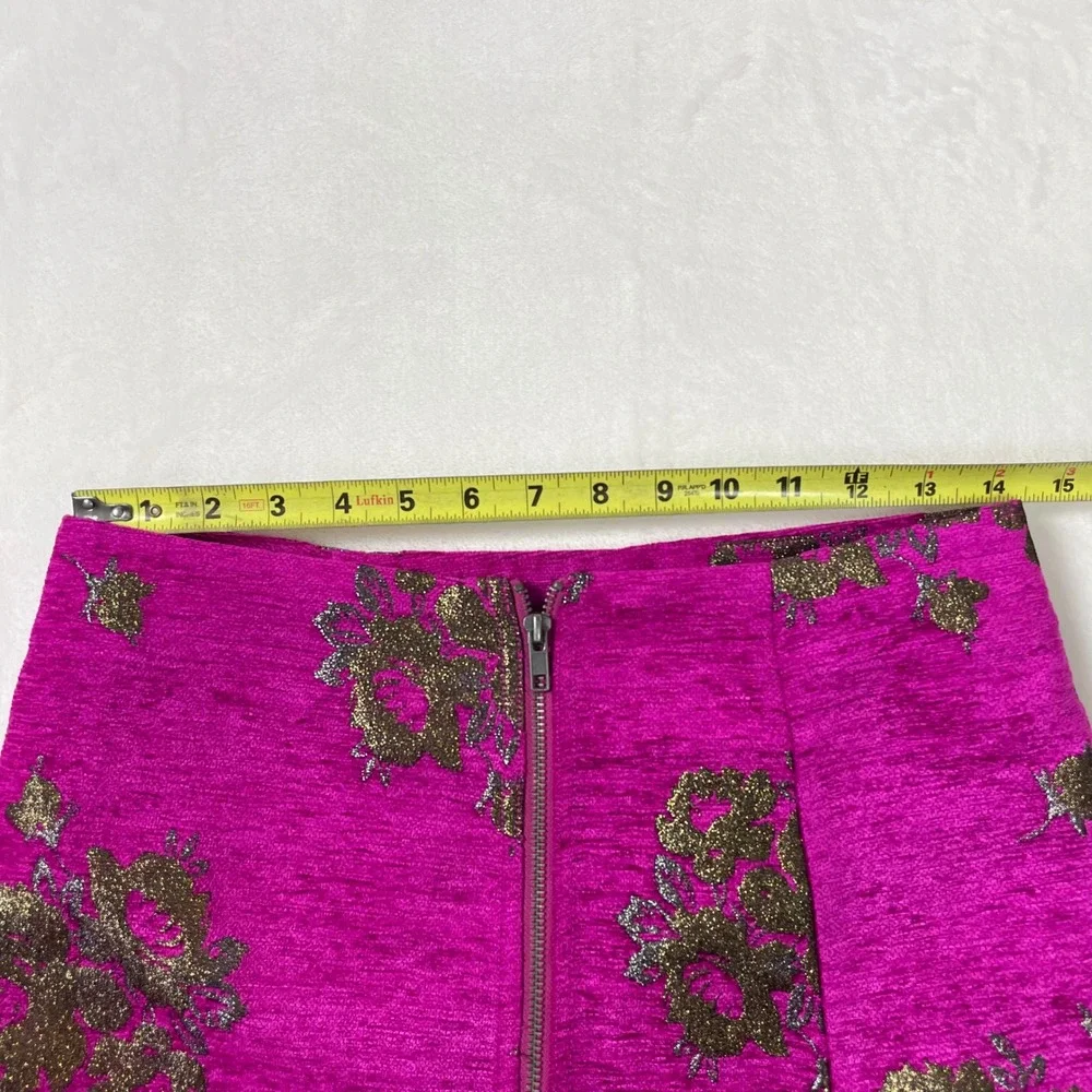 Free People Skirt Womens 6 Magenta Pink Gold Tapestry Floral Brocade Mini Zip